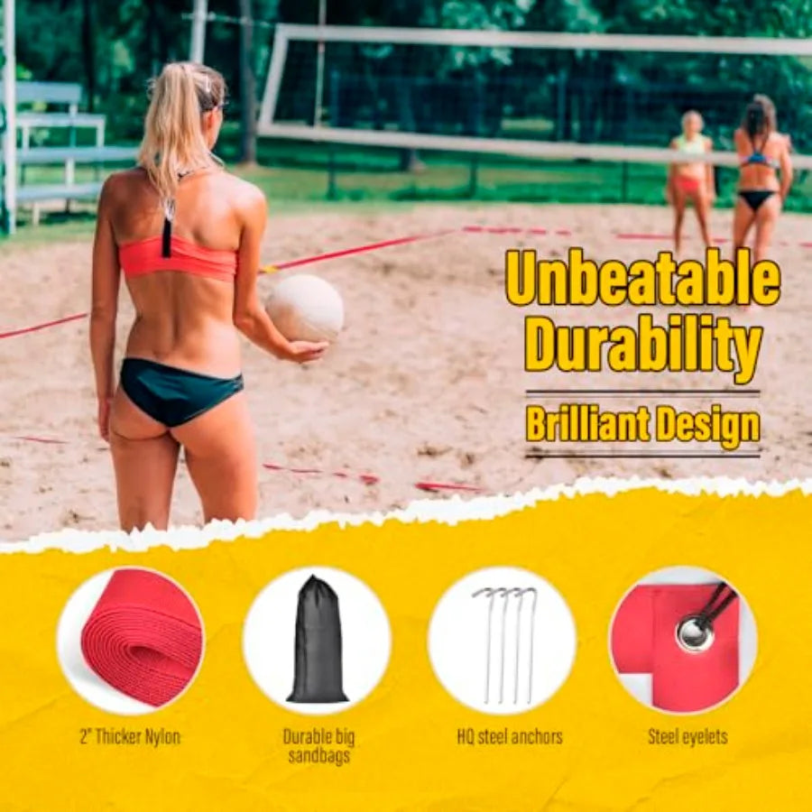 Professional Beach Volleyball Lines for Sand 2" Nylon Ultra-Visible Marking Weather-Enduring with Metal Anchors and Sandbags St