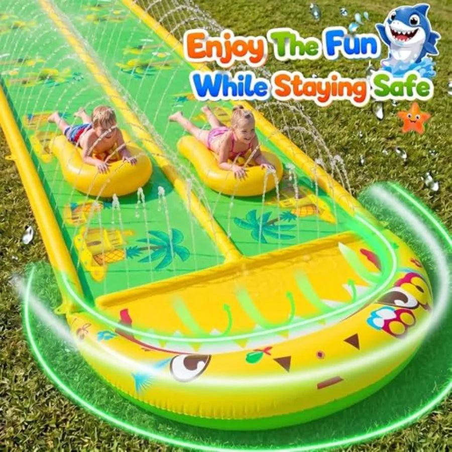 Outdoor backyard water slide for adults and kids, heavy duty PVC, yellow and green, 40×5.9FT with 3-way sprinkler and 2 boards