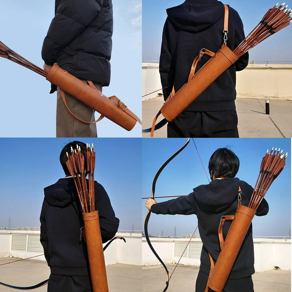 Archery Quiver Portable Faux Leather Shoulder Bag Adjustable Strap for Compound Recurve Bow Hunting Shooting and Target Practice