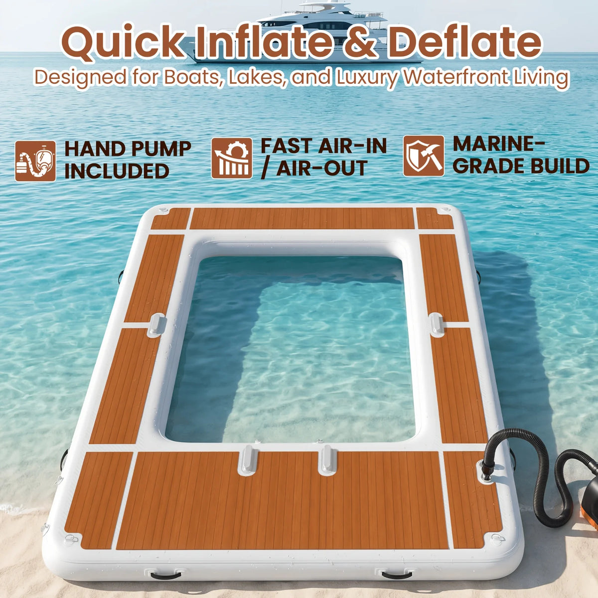 13x10ft Inflatable Yacht Pool with Non-Slip EVA Deck, Heavy Duty PVC Floating Dock with Netting, Portable Sea Swimming Pool for Boat, Lake, and Ocean Water Sports