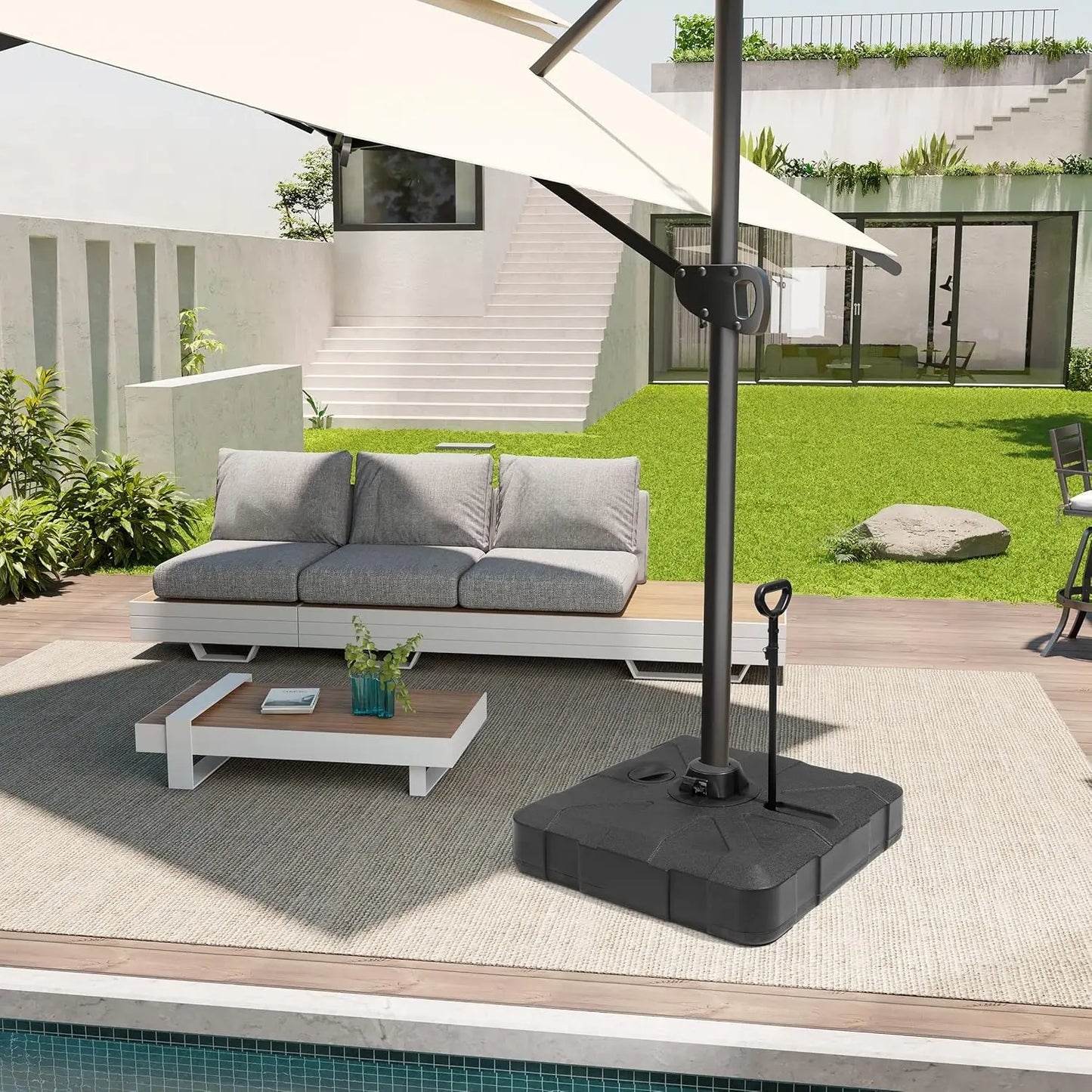 Outdoor Cantilever Umbrella Base with Wheels, 350 lbs Offset Patio Umbrella Stand, Water & Sand Filled Umbrella, Customized