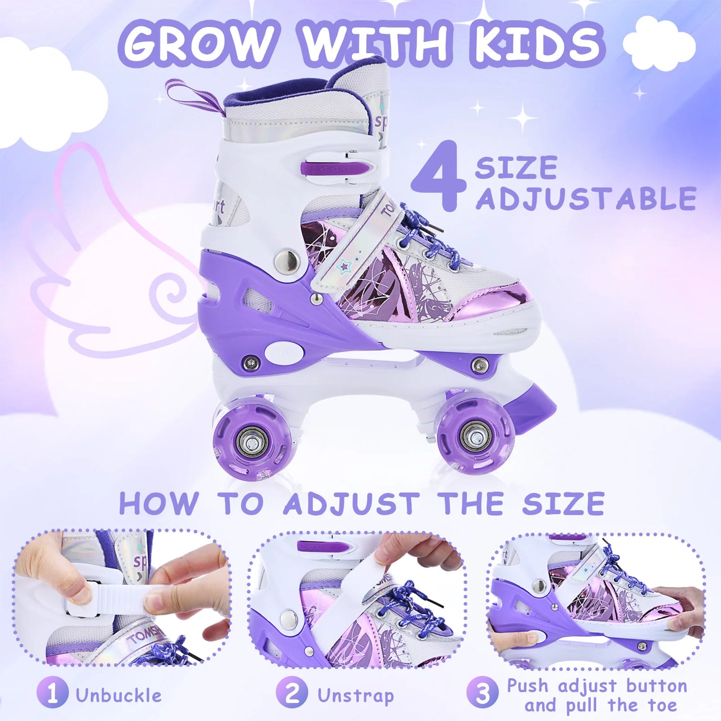 Portable Roller Skates for Kids 4 Size for Children Different Ages Adjustable Light Up LED Luminous Wheels Girls Roller Skates