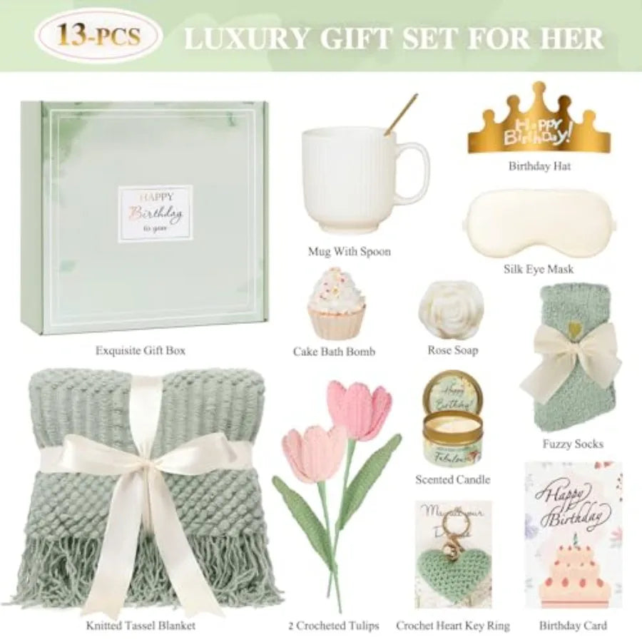 Birthday Gifts for Women - 13PCS Unique Happy Birthday Easter Gifts Basket for Mom Her Best Friend Sister Wife Girlfriend Cowor