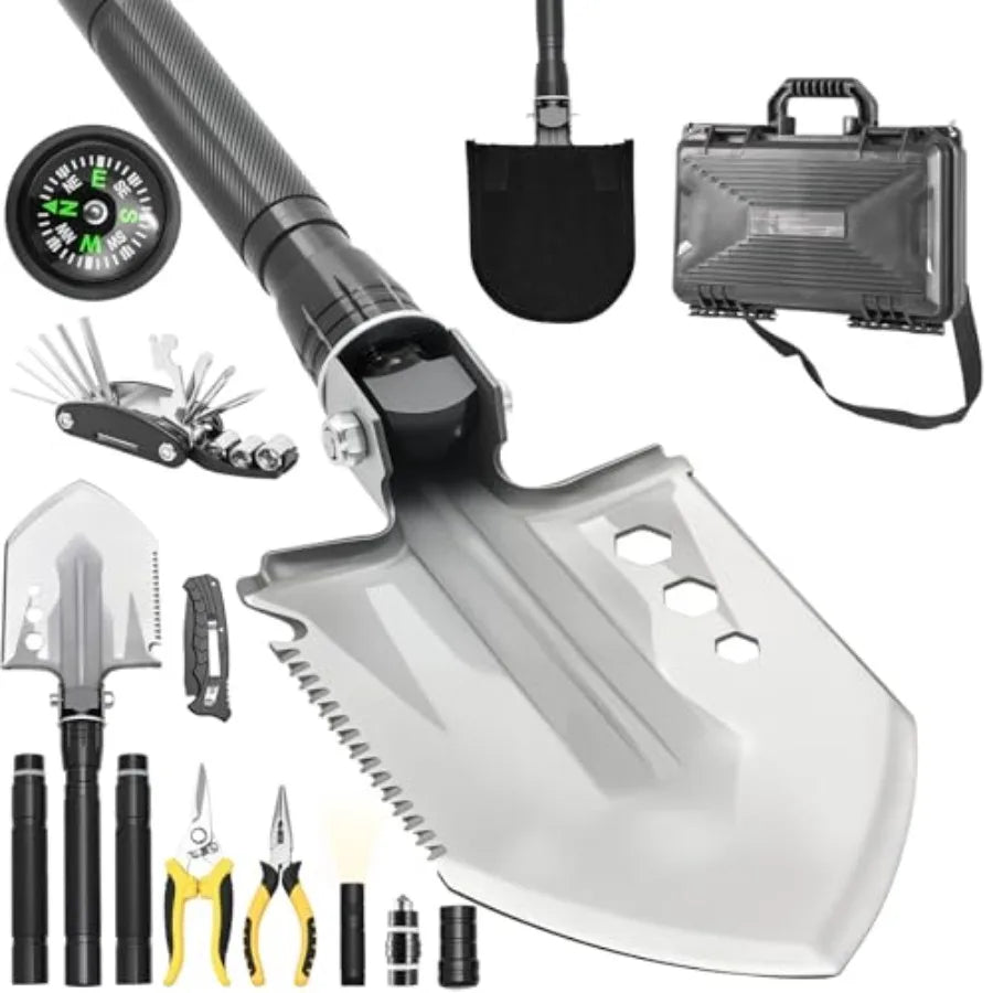Folding Camping Shovel Axe Kit Multifunctional Survival Shovel with Stainl Steel Pickaxe pliers, Compass Locking scissors Magne