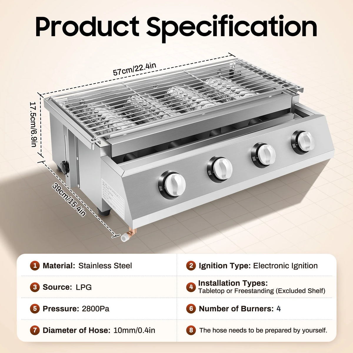 4 Burners BBQ Propane Gas Grill Removable Smokeless Barbecue Grill Portable BBQ Grill for Outdoor Patio Garden