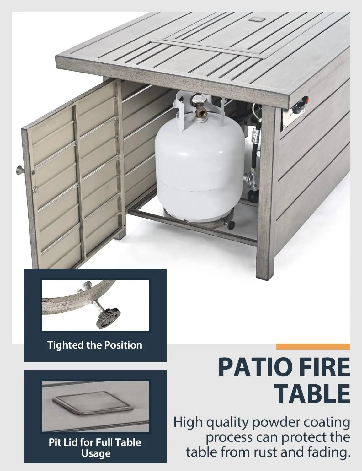 48inch 50000 BTU Gas Fire Pit with Aluminum Slats Table Top, Lid, Black Glass Rock, Aluminum Fire Table,CSA Safety Certified