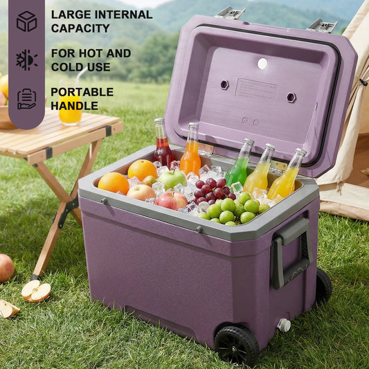 45L PU Hard Plastic Rotomolded Cooler with Pull Rod & Wheels Transportation Coolers Box Anti-Slip Great for Boating & Fishing
