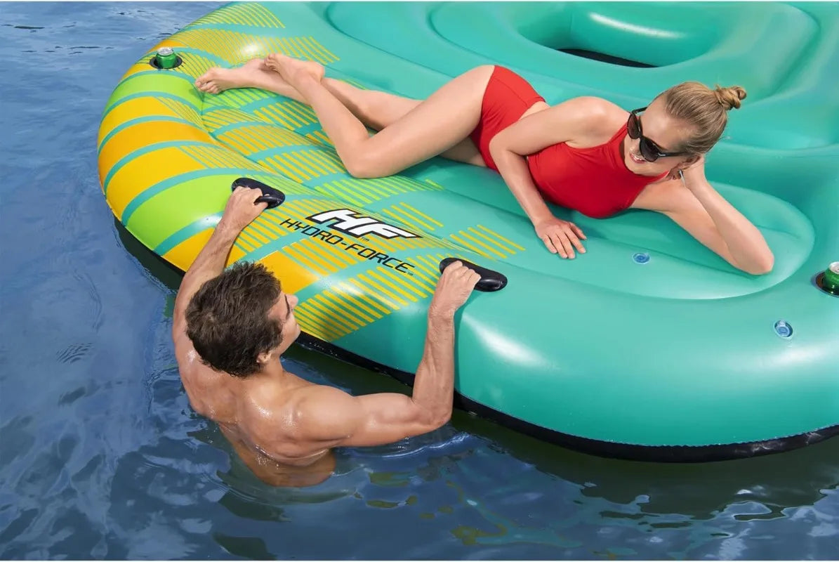 Bestway Hydro Force Sunny 5 Person Inflatable Large Floating Island Lake Water Lounge Raft with Cup Holders and Removable