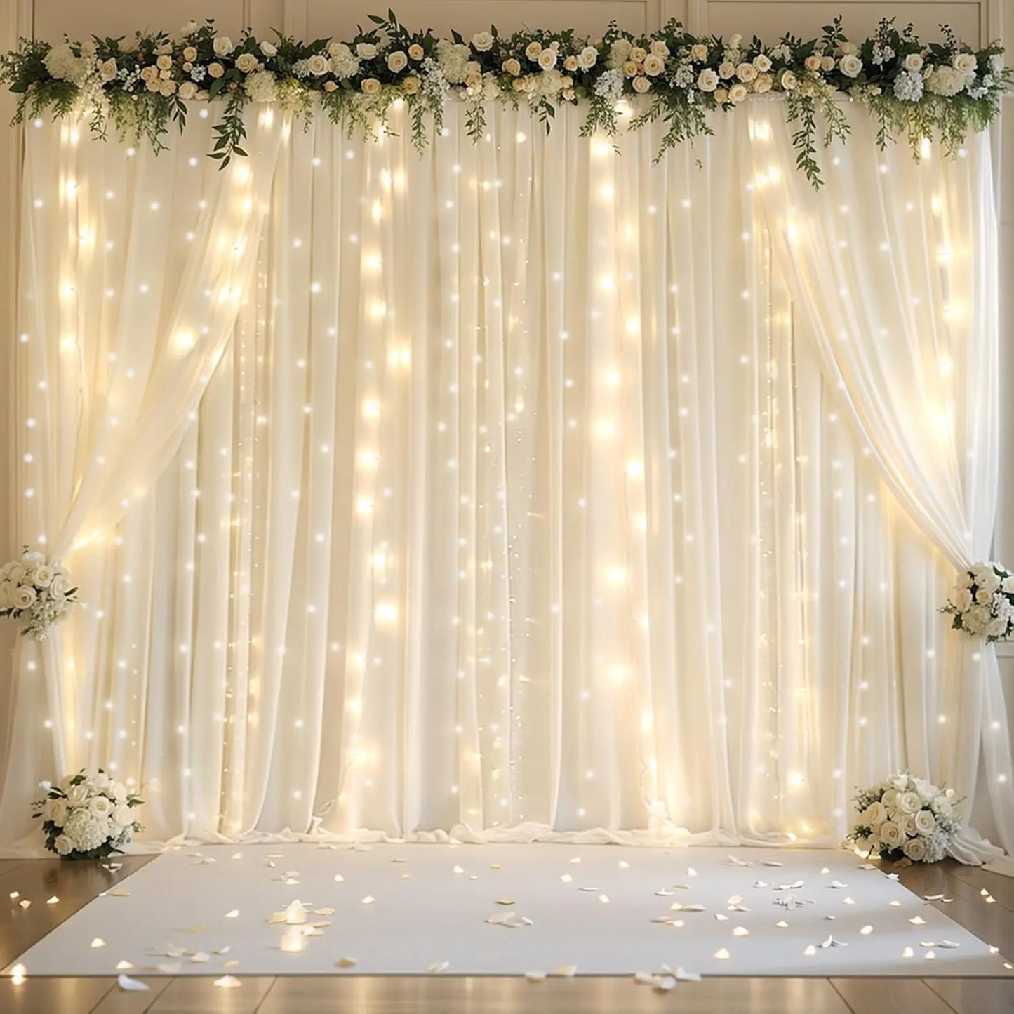 10 Panels-5ft x 10ft Ivory Chiffon Backdrop Curtain with Lights String for Parites Wedding Wrinkle Free Curtain Photo Backdrops