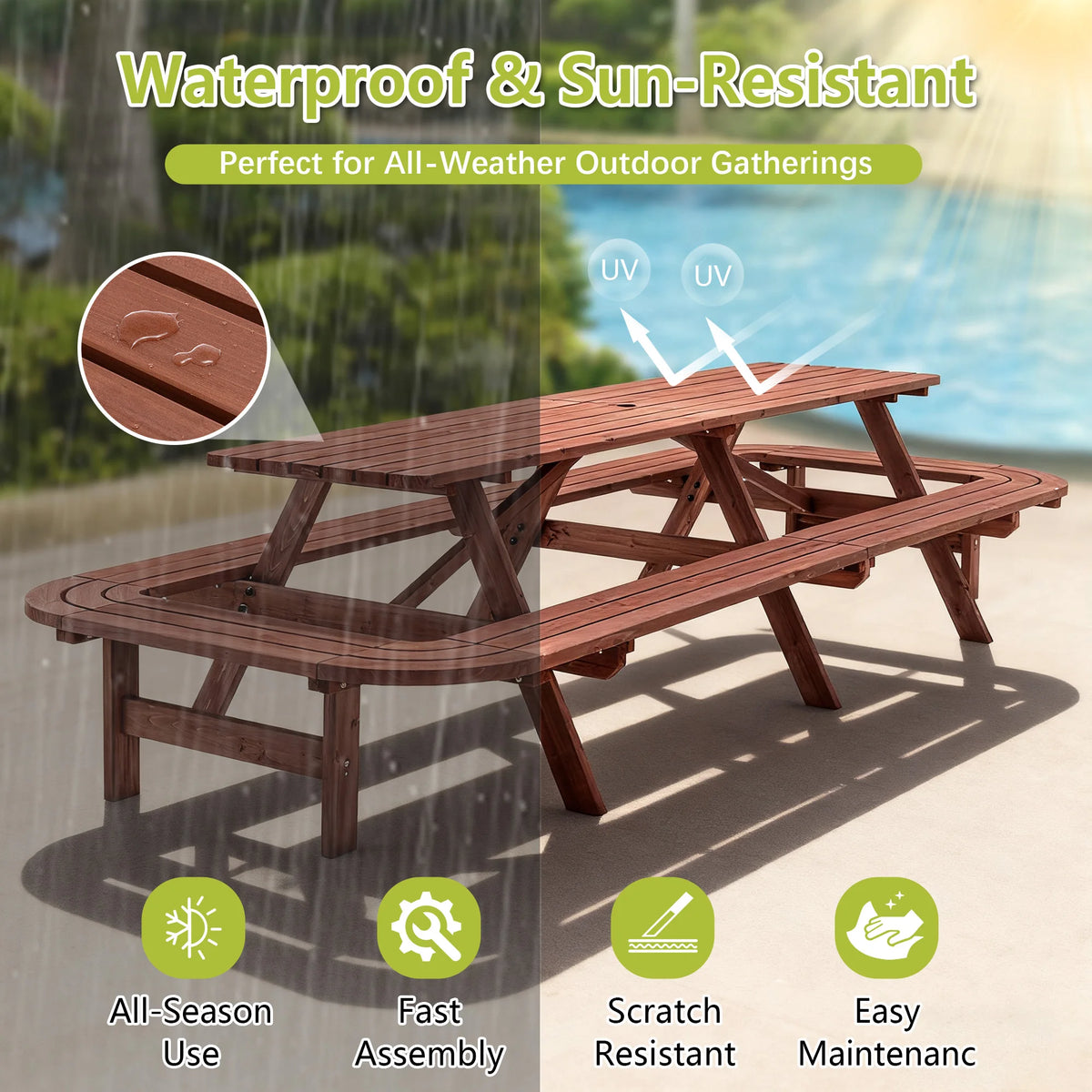 8 FT Wooden Picnic Table with Benches 14-16 Person Outdoor Patio Dining Set Large Rectangular Garden Table with Umbrella Hole Brown
