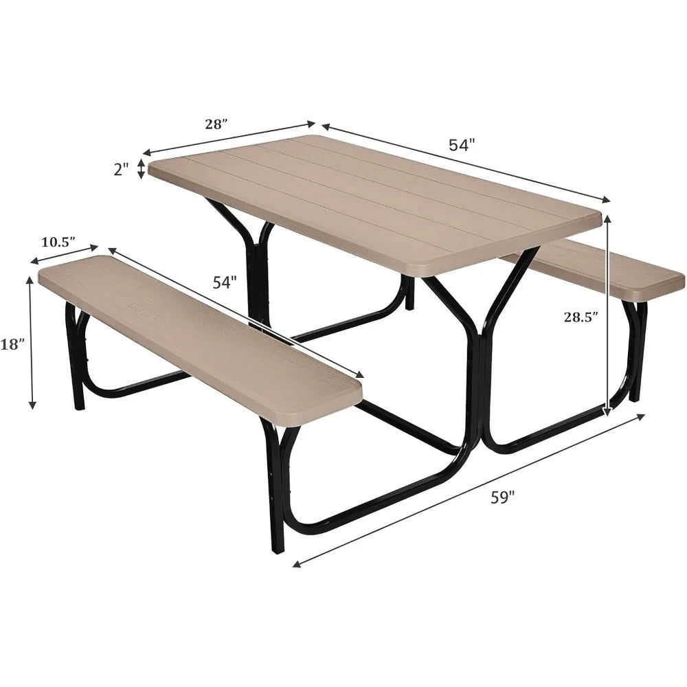 Picnic Table Bench Set Outdoor Camping All Weather Metal Base Wood-Like Texture Backyard Poolside Dining Party Garden