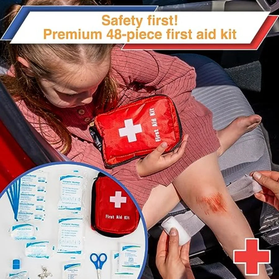 Comprehensive Car Emergency Kit with Air Compressor Jumper Cables First Aid Supplies Tow Strap Tire Gauge and Headlamp Essentia