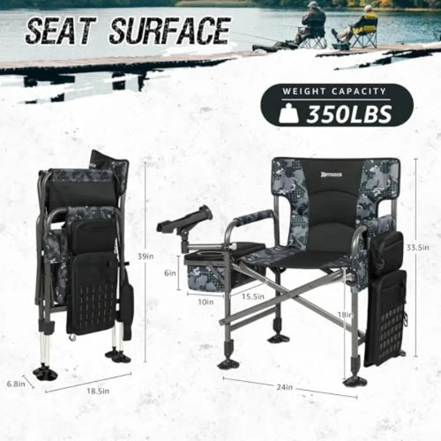 Outdoor fishing chair with rod holder, folding ice fishing chair for adults, aluminum frame, black, adjustable legs, includes c
