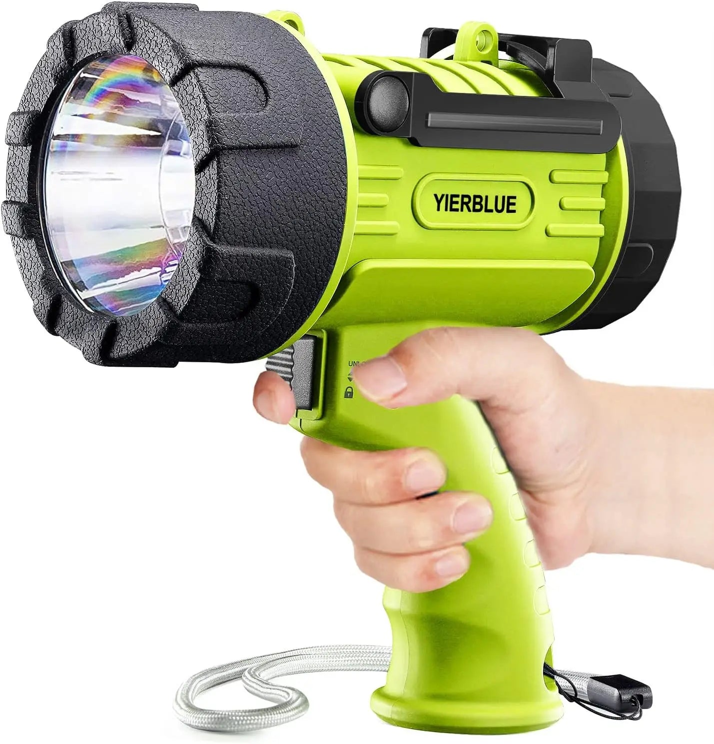 200,000 Lumen Rechargeable Spotlight, IP67 Waterproof, 550 Yard Beam, Long Running, Foldable Stand & Red Lens