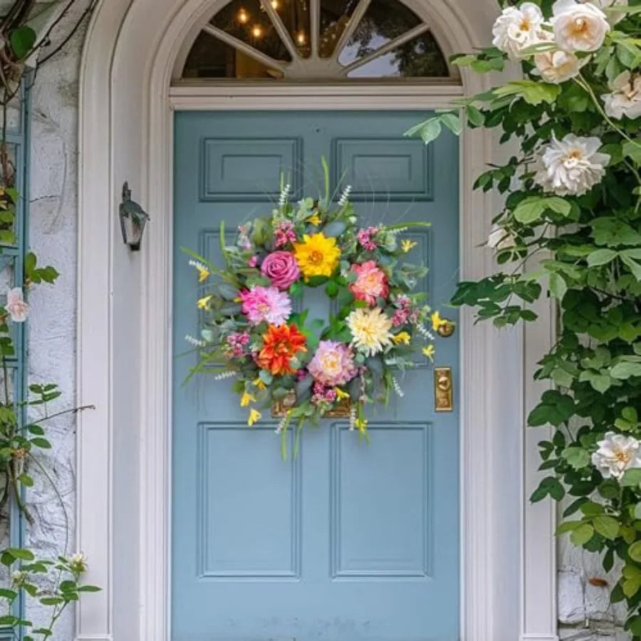 Spring Summer Wreaths for Front Door Outside 24 Inch, Floral Door Wreath with Peony Dahlia Rose, for All Season Easter Indoor O