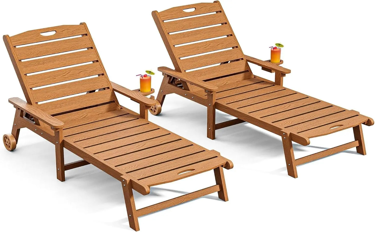 Outdoor Lounge Chair Set of 2 with 5-Position Adjustable, Outside Lounge Chair with Cup Holder, Wheels for Easy Mobility, HDPE T