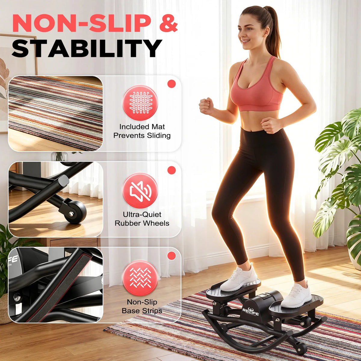 Relife 3D Lateral Rocking Stepper with Resistance Bands, Low-Impact Full-Body Workout Machine, 330LB Capacity Joint-Friendly Home Fitness Equipment with LCD Monitor, Compact Quiet Stepper for Hips, Legs & Core Training