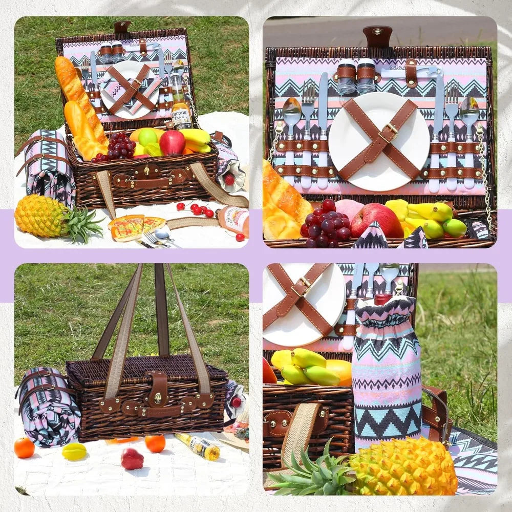 neti neti wicker picnic basket for 2 boho with insulated cooler & waterproof blanket – large willow picnic hamper for outdoor, c