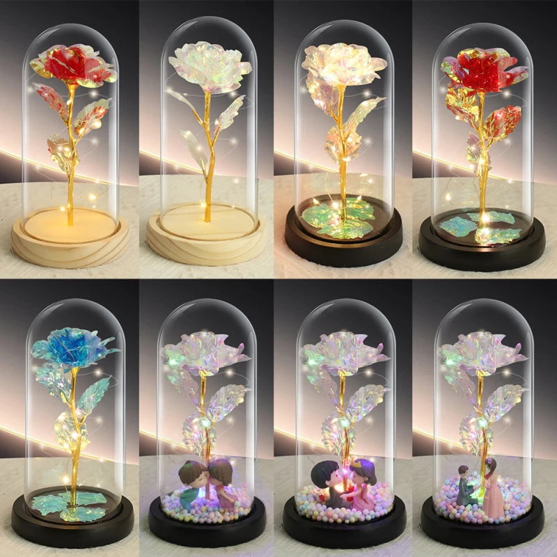 LED Rose Artificial Flowers Glass Lampshade Mother's Day Valentine's Gift Eternal Rose Light Foil Fake Flower Wedding Home Decor