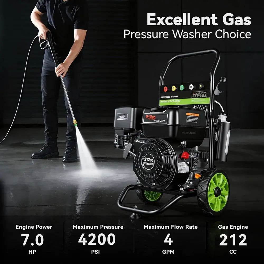 4200 PSI 4.0 GPM Gas Pressure Washer with 212cc Engine, 25ft Hose, Spray Gun, Extension Wand, and 5 Nozzles