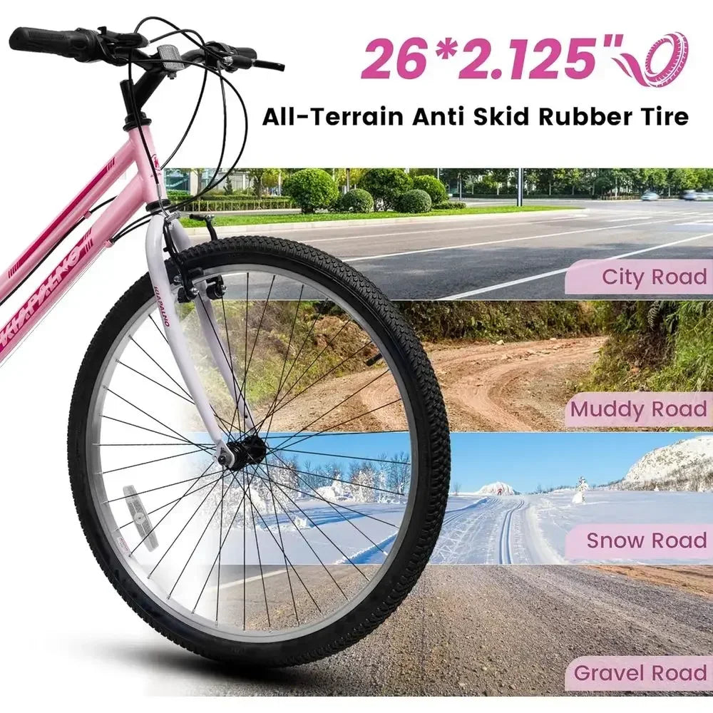 24/26 Inch Women's Mountain Bike, 21-Speed for Summer Travel, V-Brake City Commuter Bicycle