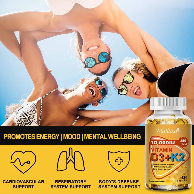 Mulittea Vitamin D3+K2 Capsules Help Regulate Calcium Metabolism Promote Heart Bone Teeth and Skin Health Support Immunity