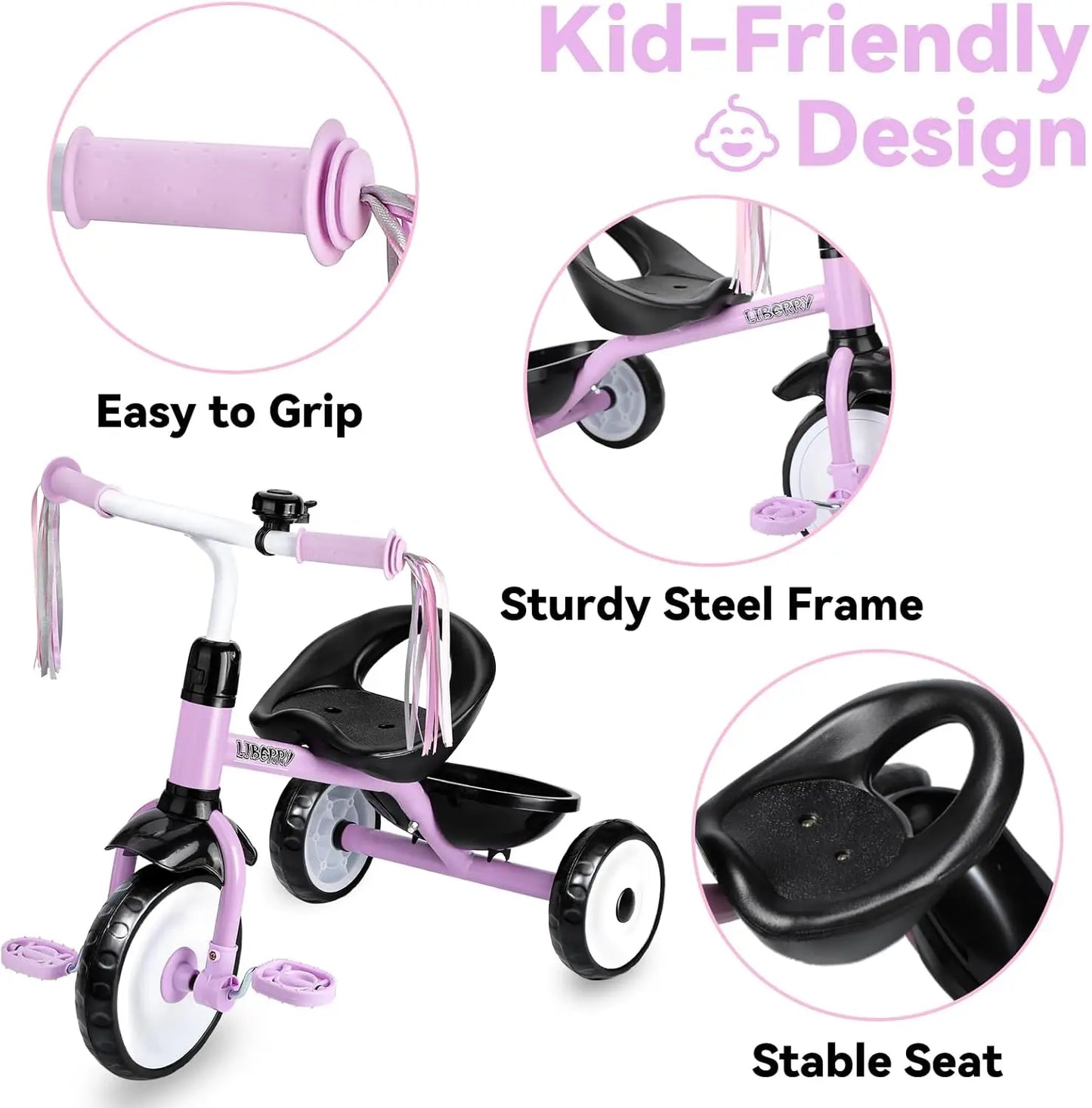 Toddler Tricycle for Ages 2-4, Kids Trike with Bell, Basket & Removable Pedal, Purple 3-Wheel Bike Toy Gift