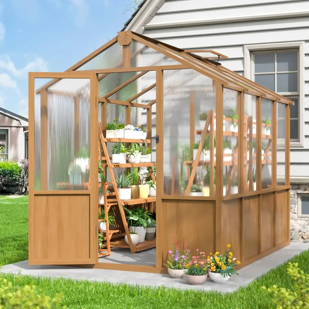 6x8FT Wood Frame Walk-in Greenhouse 6mm Twin-wall Polycarbonate Adjustable Roof Vent Garden Backyard, Custom