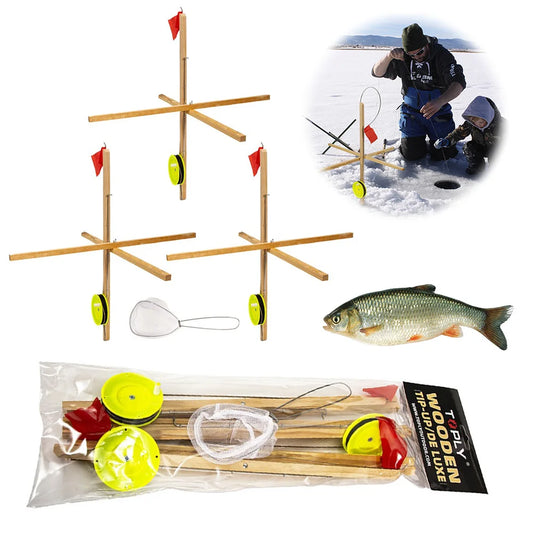 3 Pack Winter Ice Fishing Rod Tip Up with Spoon Net Ice Fishing Tip-Up Winter Fishing Flag Ice Fishing Accessories
