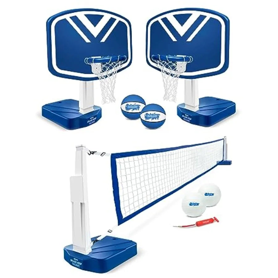 Splash Hoop 2-in-1 Full Court Pool Basketball Volleyball Game Set Durable Vinyl Material Blue and White Color Quick Setup and P