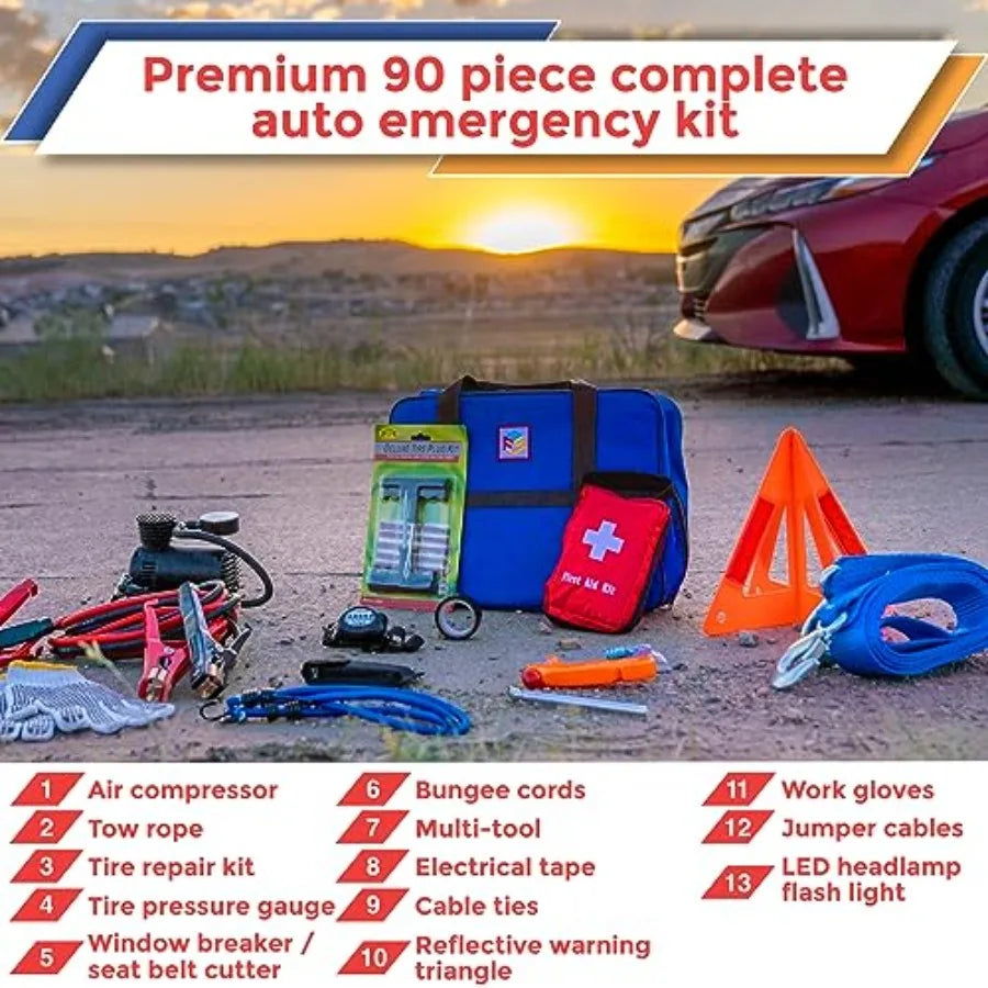 Comprehensive Car Emergency Kit with Air Compressor Jumper Cables First Aid Supplies Tow Strap Tire Gauge and Headlamp Essentia
