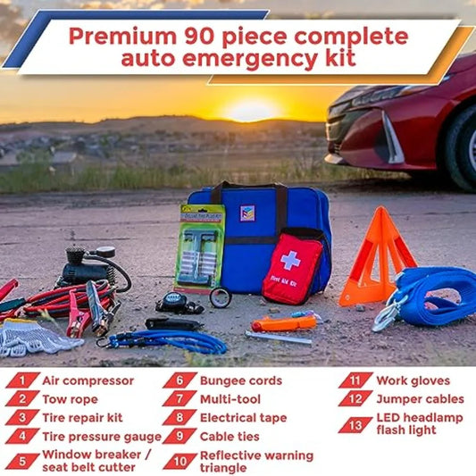 Comprehensive Car Emergency Kit with Air Compressor Jumper Cables First Aid Supplies Tow Strap Tire Gauge and Headlamp Essentia
