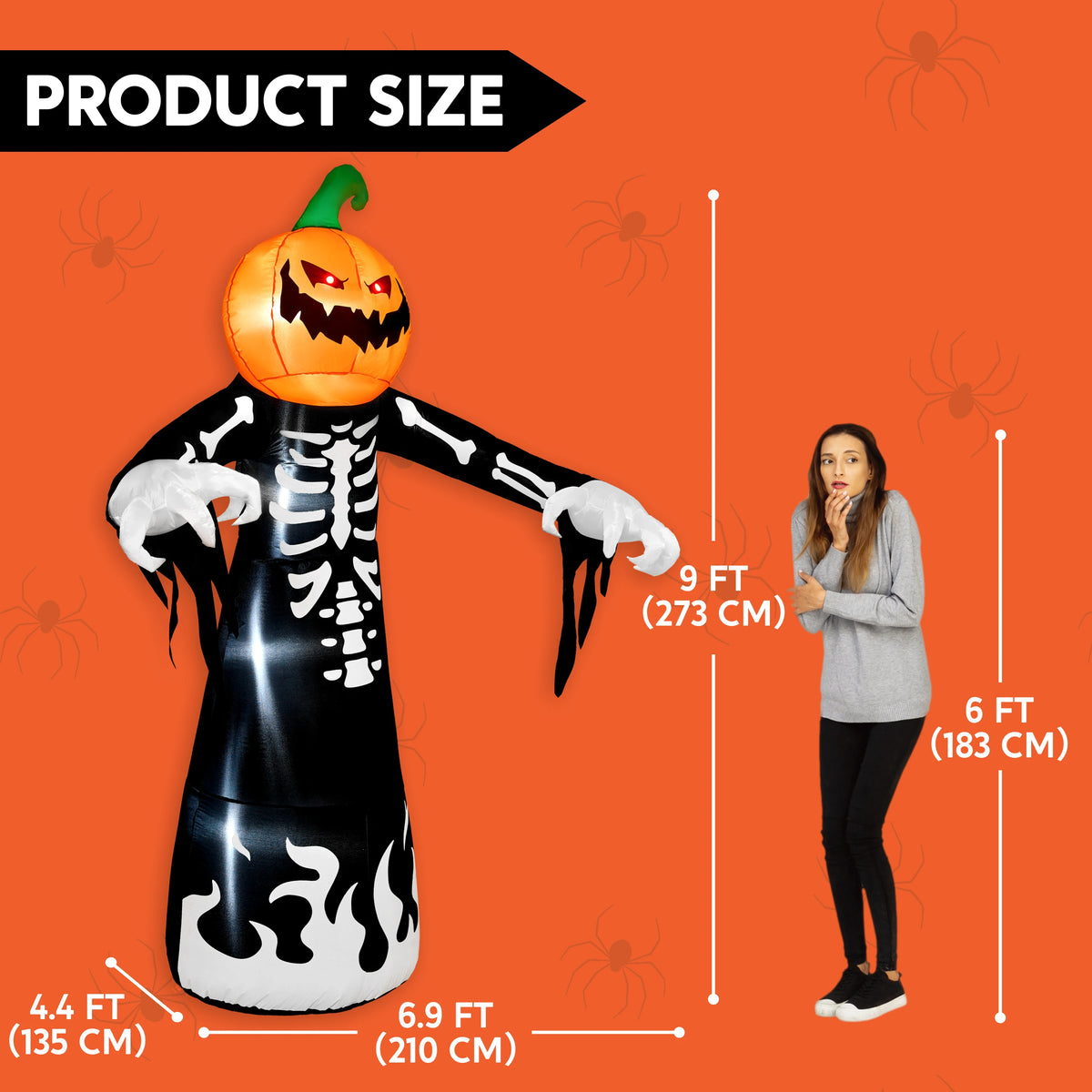 Joyfy 9 ft Halloween Inflatables Pumpkin Skeleton Decorations with Built-in LED Lights,Large Blow Up Decoration for Yard Lawn Garden Indoor Outdoor, Pumpkin Skeleton Inflatable Decoration