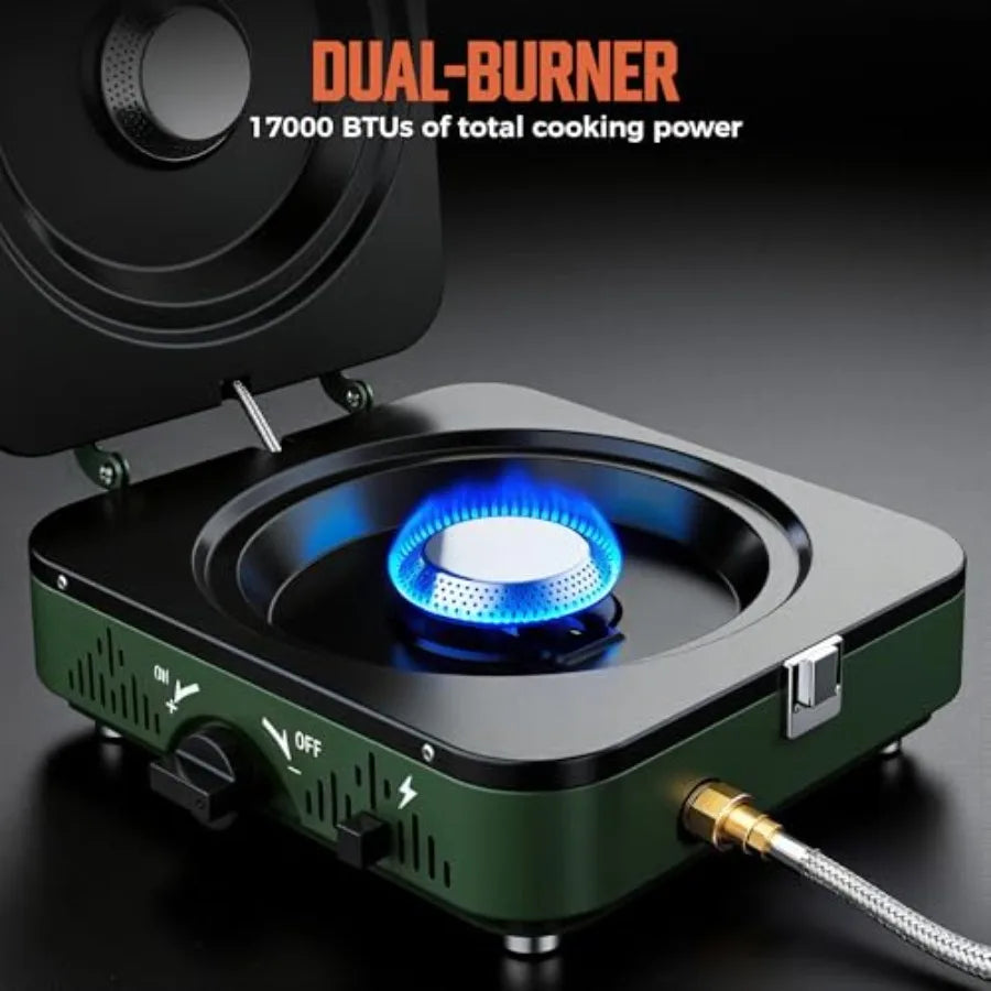 2 Burner Propane Camping Stove Portable Foldable Gas Stove with Frying Pan and Carry Bag for Outdoor Cooking Emergency Use Blac