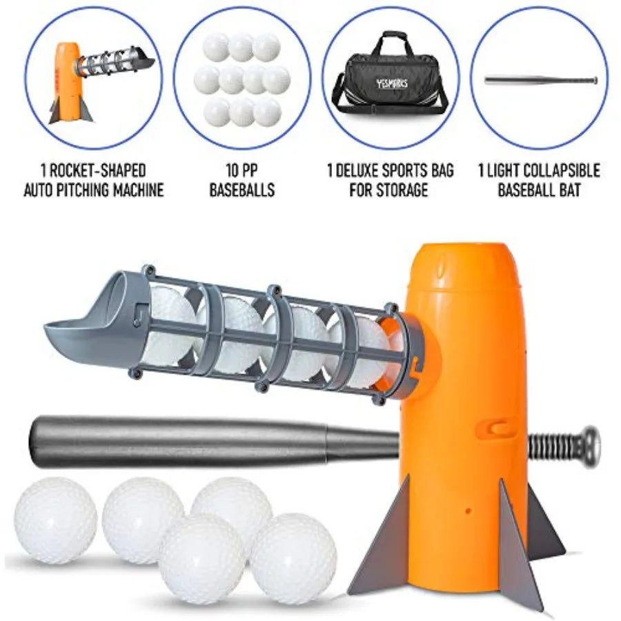 Auto Baseball Pitching Machine Outdoor Toy Set for Youth Training Equipment with 10 Baseballs Baseball Bat and Sports Bag in Bl