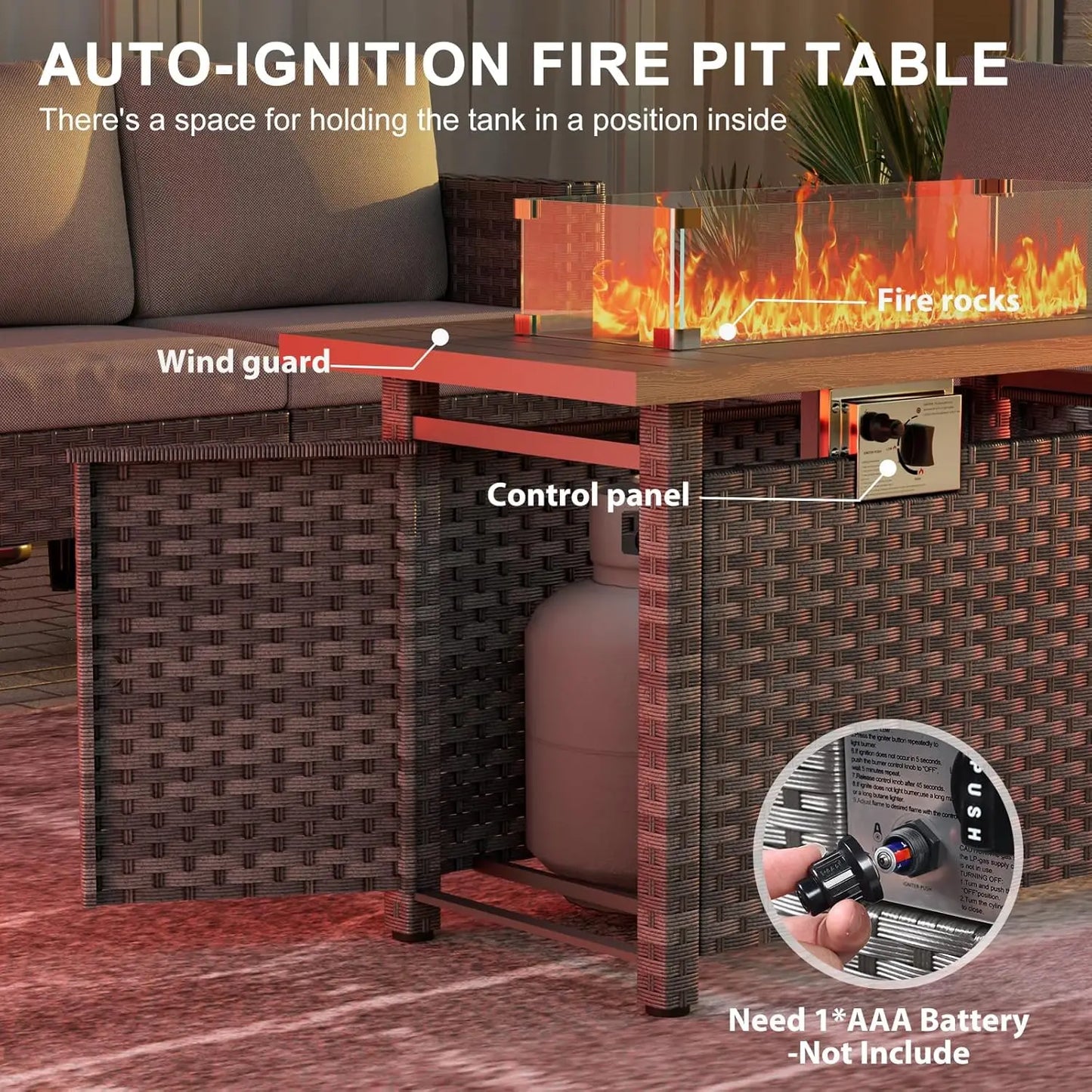 44" Fire Pit Table with Wind Guard, Auto-Ignition Propane Gas Firepits Rattan Rectangular Table for Outside Patio 60,000 BTU