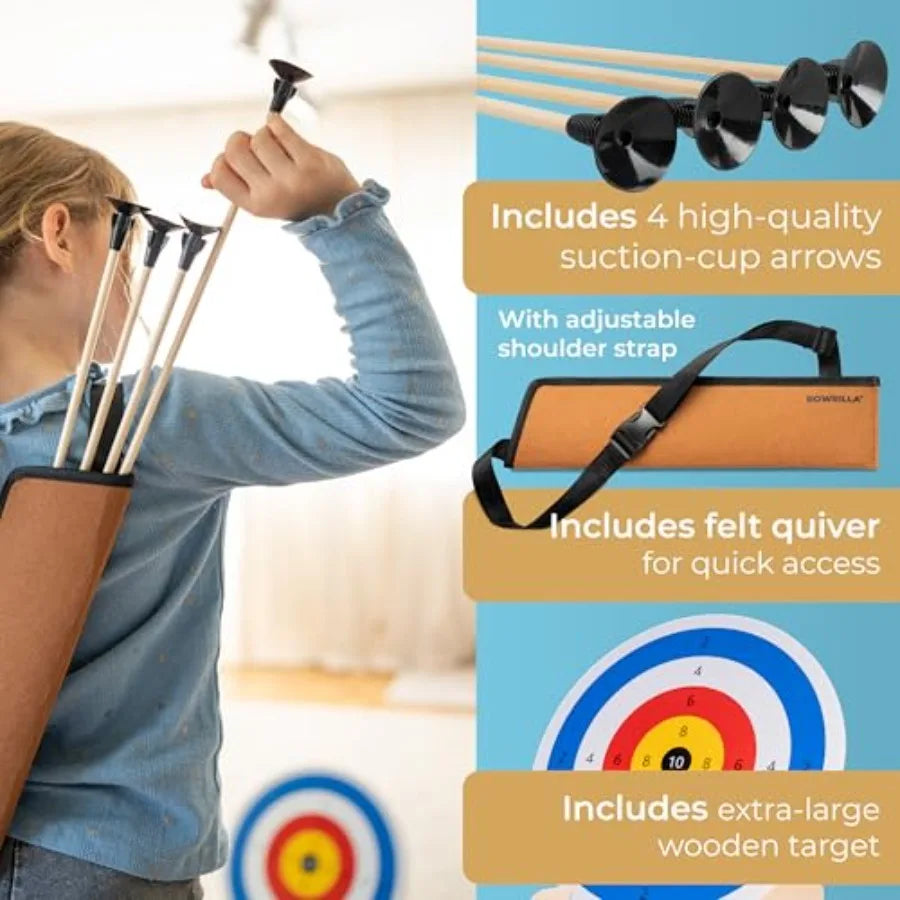 bow and arrow set for indoor outdoor use, made of durable plastic, blue and red, includes suction cup arrows and target for saf