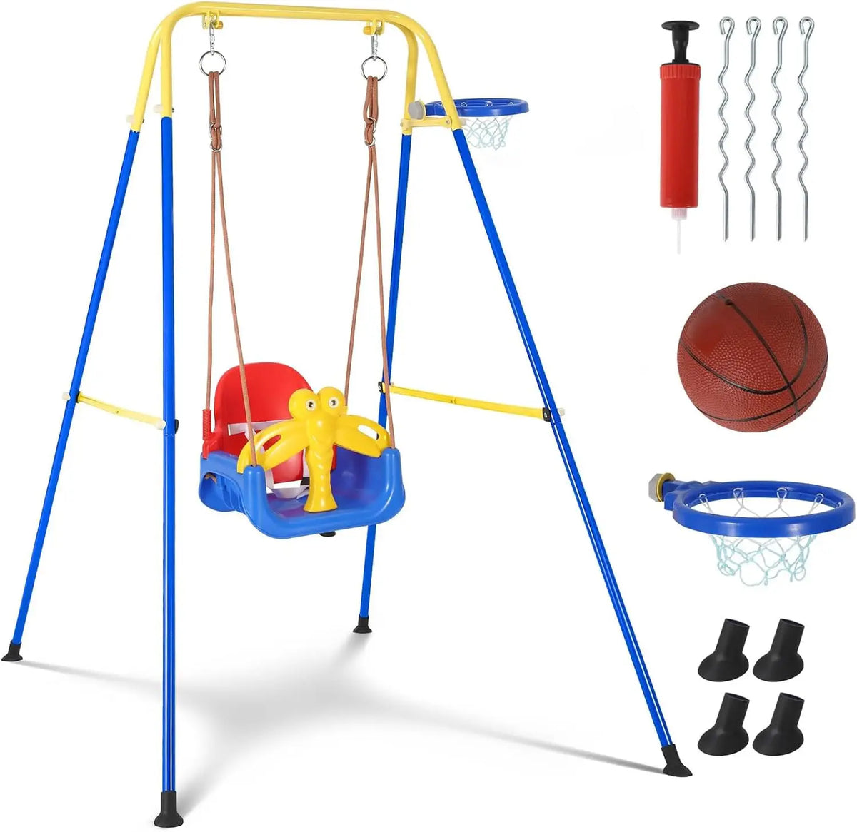 4-in-1 Foldable Toddler Swing Set – Durable Playground Equipment for Backyard or Home, with Basketball Hoop, Portable Outdoor Play Center for Ages 6–36 Months+