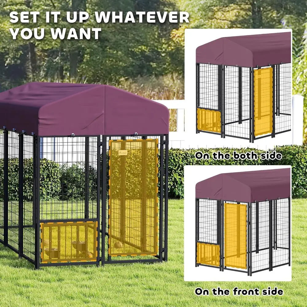 Outdoor Dog Kennel with Roo, 8' x 4' x 6' Heavy Duty Welded Wire Dog Playpen Enclosure with Ese-Proo Lock, Adjustable Bowls, UV-