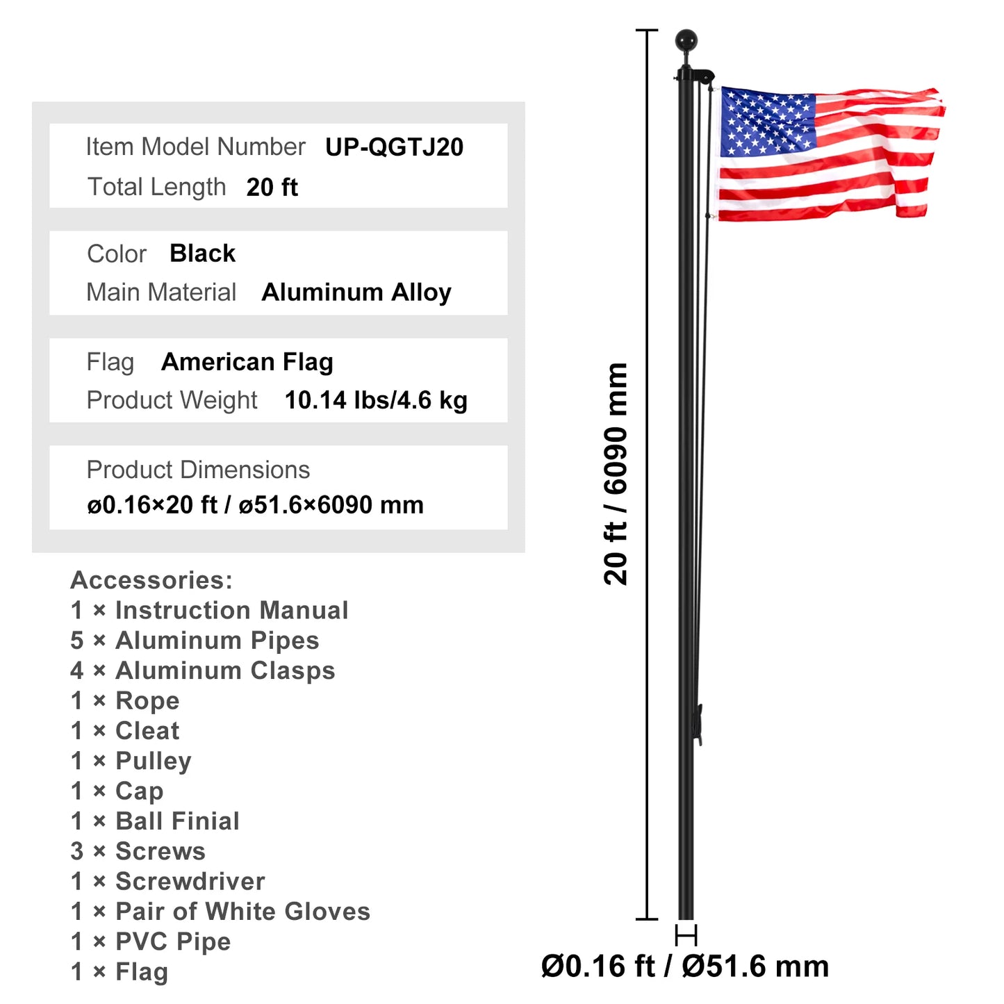 SucceBuy Sectional Flag pole Kit HeavyDuty AluminumAlloy in Ground 3 Display Modes Flagpole With American Flag Accessories
