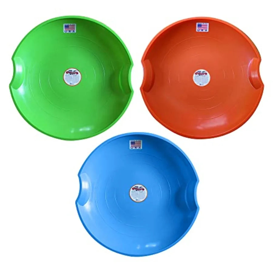 Flexible Flyer Flying Saucer Snow Sleds 3 Pack of Durable 26 Round Plastic Saucer Sleds with Hand Grips Orange Lime Green Blue