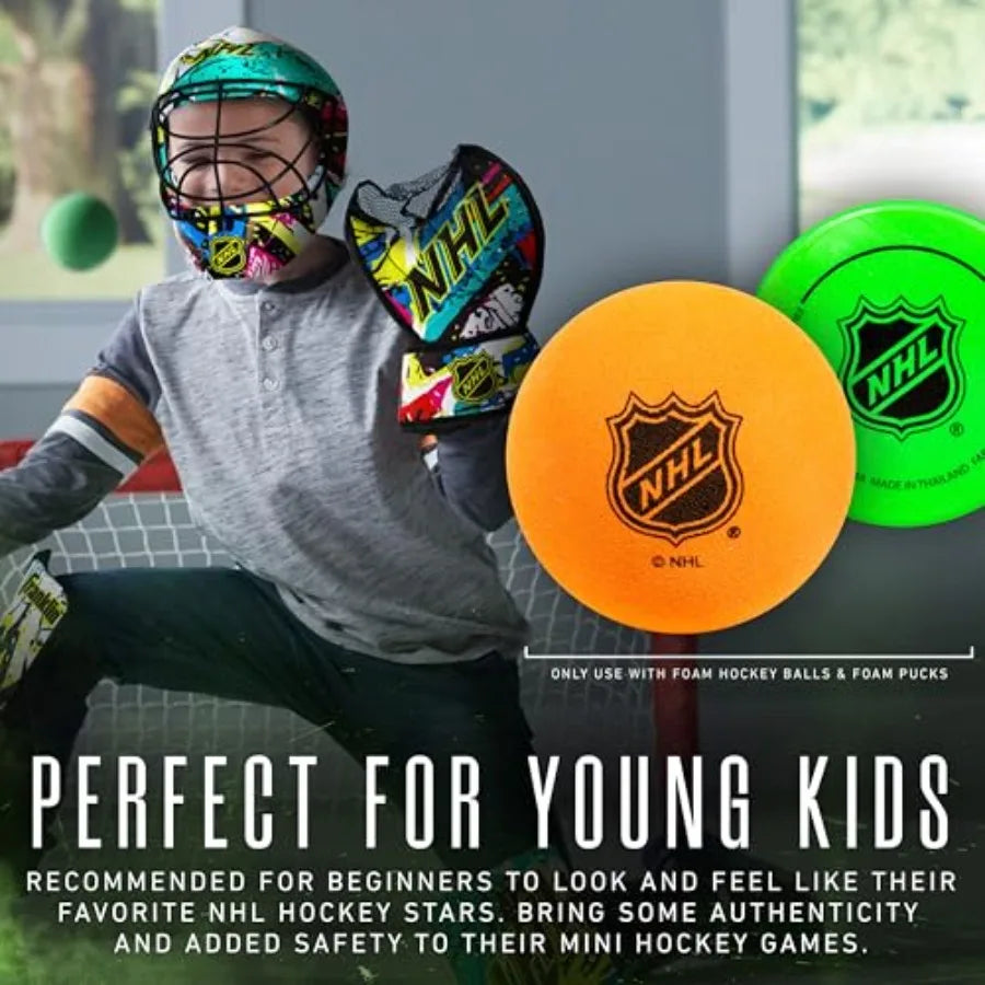 NHL Youth Knee Hockey Goalie Pads + Helmet Set - Knee + Mini Hockey Goalie Gear + Equipment - 2 Leg Pads Catch Glove Blocker +