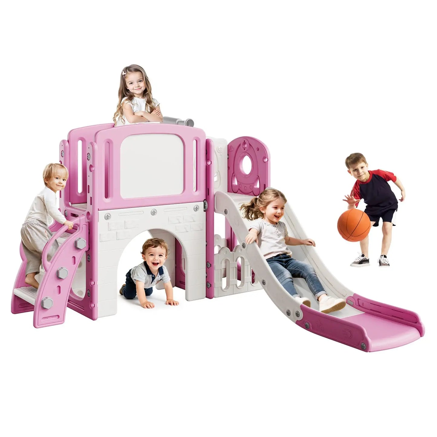 8-in-1 Toddler Slide Climber Playset Indoor Outdoor Playground Activity Center With Basketball Hoop Tunnel Storage Backyard