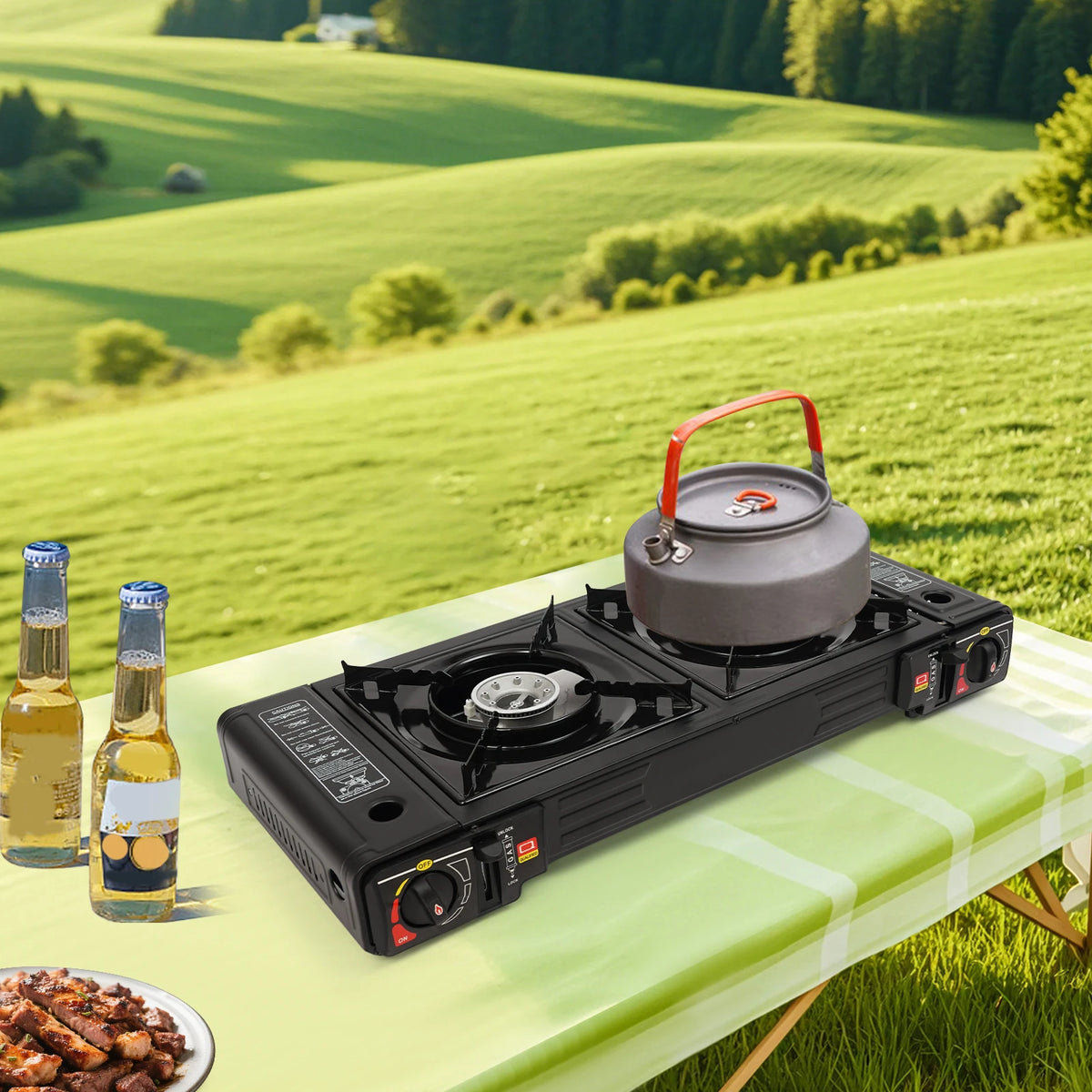 Portable 2-Burner Camping Stove – 2x2500W, Piezo Ignition, Butane/LPG, Non-Stick Pan & Carry Bag, Outdoor BBQ Black