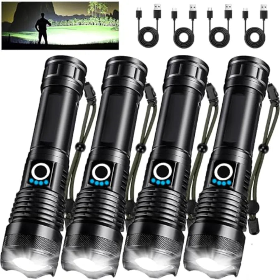 4 Pack Rechargeable LED Flashlights High Lumens, 99, 000LM Super Bright Flashlight, Adjustable Powerful Flash Light with USB Ca