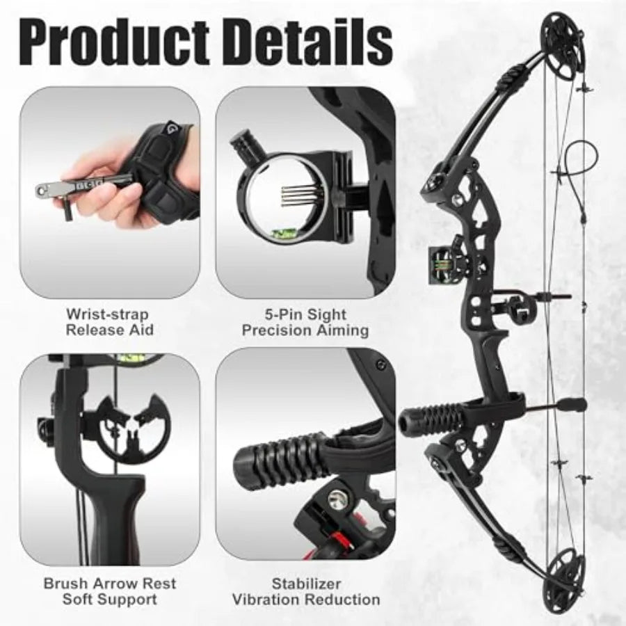 Compound Bow Kit for Outdoor Use Target Practice, Carbon Arrows Included, Adjustable 30-70lbs, Black with Durable Aluminum Allo