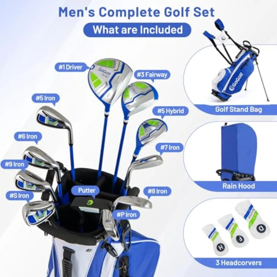 12 Pieces Mens Complete Golf Club Set Right Hand, Golf Club Package Set with 460CC #1 Driver & #3 Fairway & #5 Hybrid, Putter