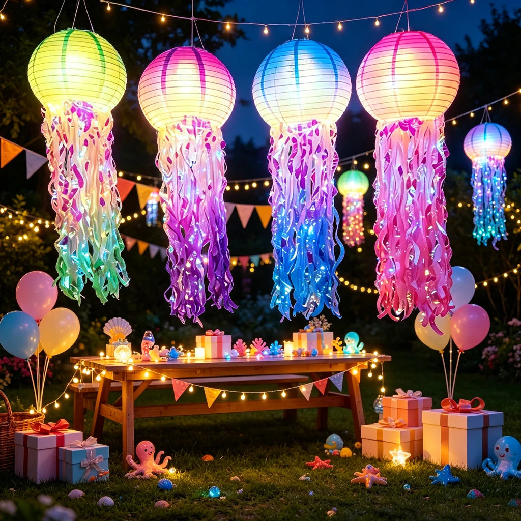 4PCS LED Jellyfish Paper Lanterns with Iridescent Tinsel Tassels, Glow Hanging Mermaid Ocean Themed Party Decor, Glow In Dark Lantern for Birthday, Wedding, Graduation, Under The Sea Party Supplies
