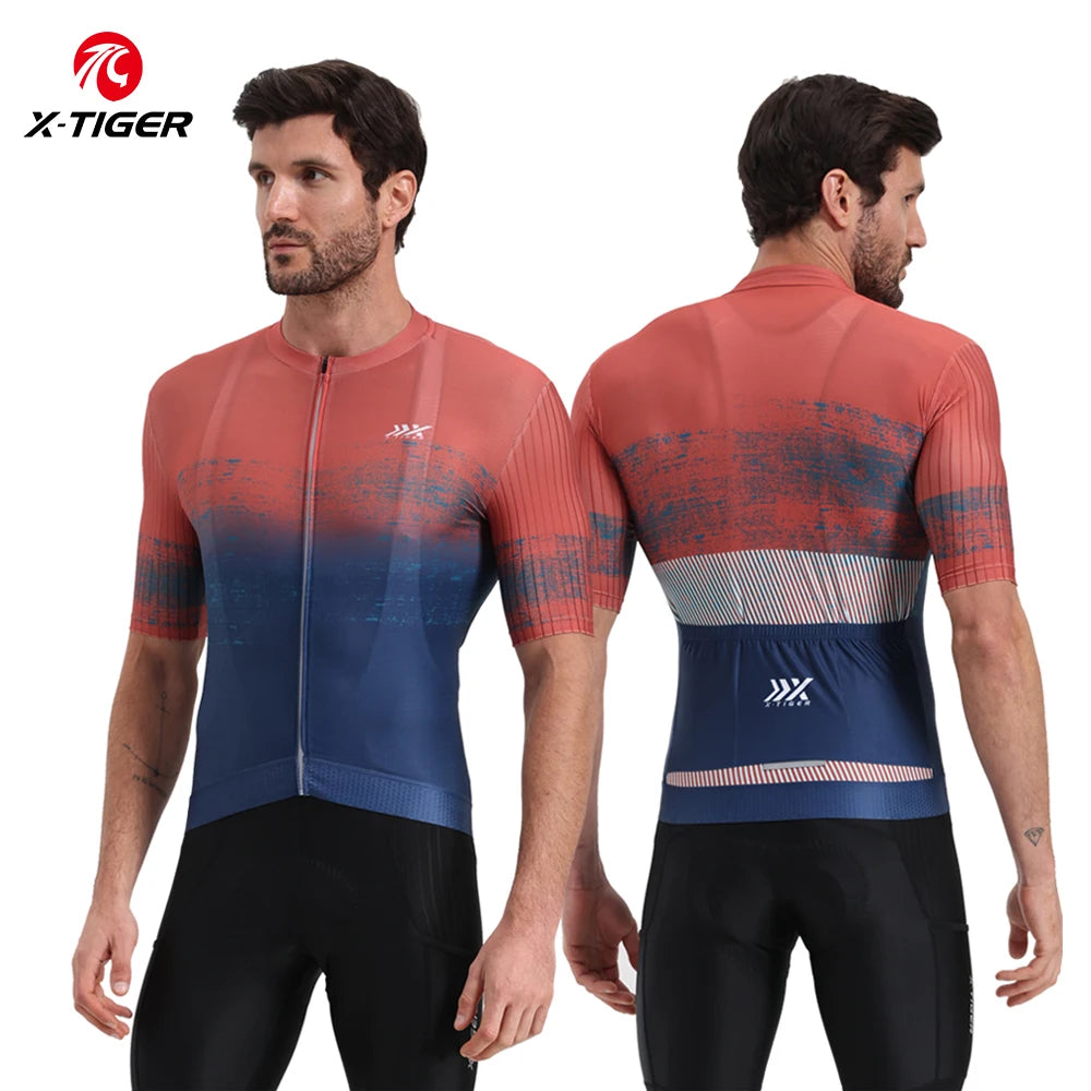 X-TIGER Summer Short Sleeve Cycling Jersey Breathable Quick Dry Bicycle Top with 3 Rear Pockets Anti-slip Hem SBS Zipper for Road MTB Cycling Clothes for Men