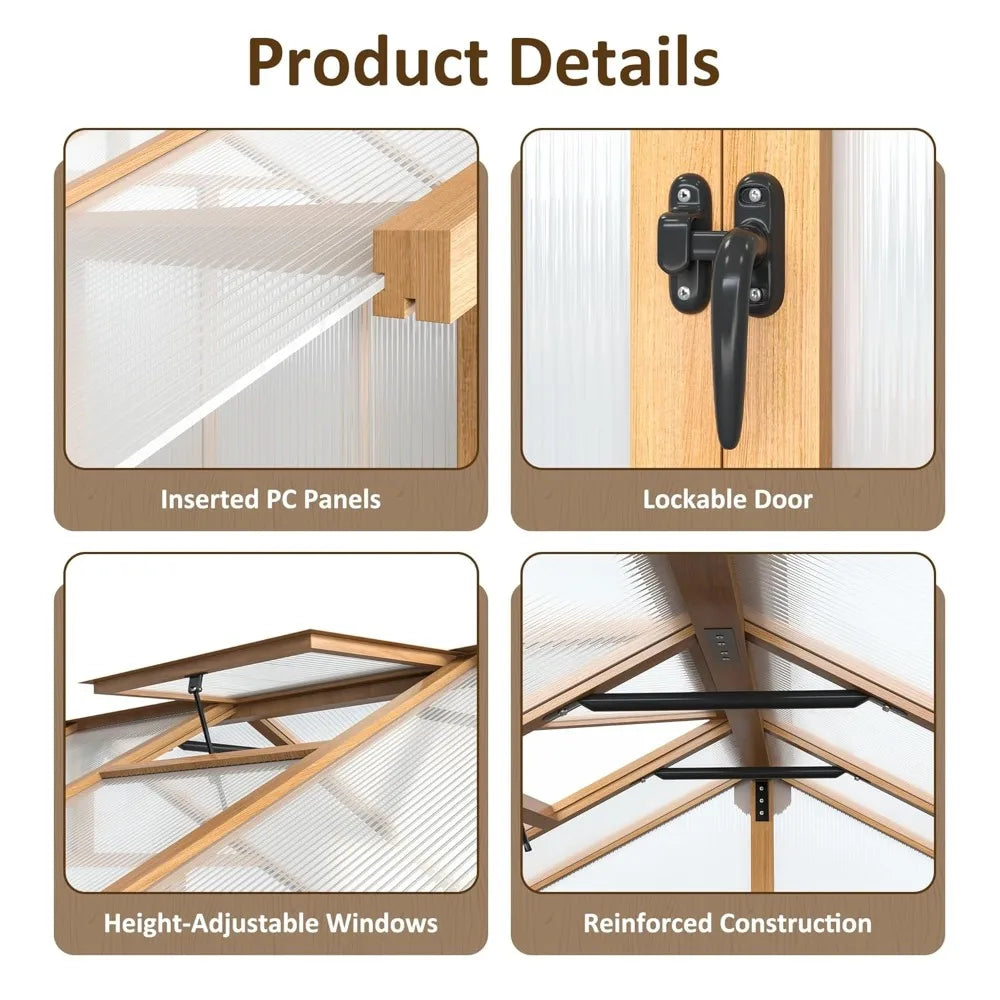 6x8FT Wood Frame Walk-in Greenhouse 6mm Twin-wall Polycarbonate Adjustable Roof Vent Garden Backyard, Custom